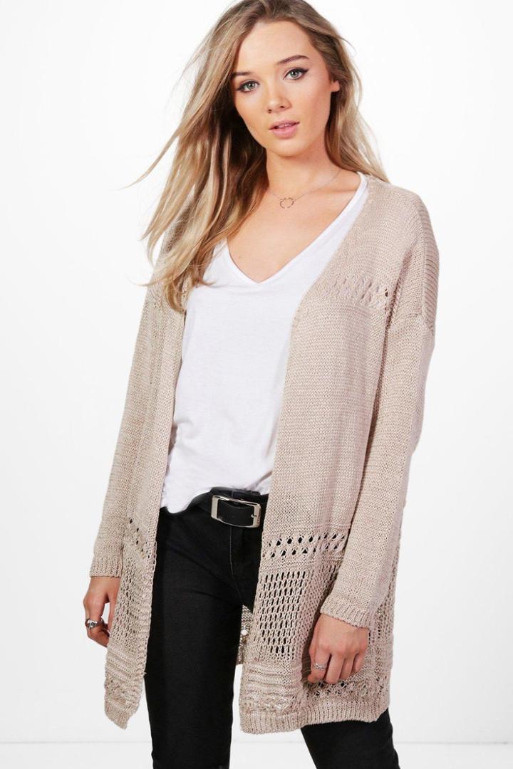 Boohoo Hannah Crochet Hem Cardigan Beige