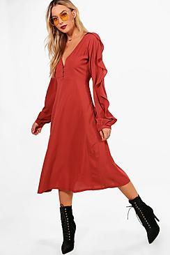 Boohoo Ruffle Sleeve Woven Midi Dress