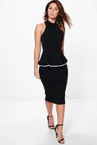 Boohoo Ash High Neck Contrast Detail Peplum Midi Dress
