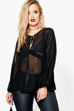Boohoo Plus Amelia Chiffon Frill Detail Blouse