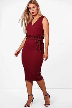 Boohoo Plus Amber Crepe Ruffle Tie Waist Midi Dress