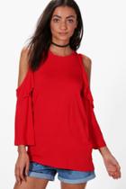 Boohoo Tall Esme Cold Shoulder Ruffle Front Top Red