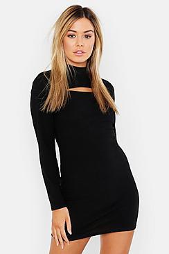 Boohoo Petite Rib Cut Out High Neck Bodycon Dress