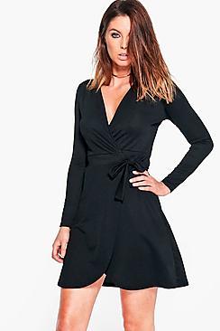 Boohoo Suzannah Tie Wrap Skater Dress