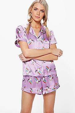 Boohoo Mia Unicorn Satin Shirt And Short Set