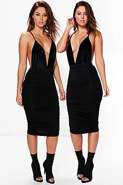 Boohoo Steph 2 Pack Rouched Side Jersey Midi Skirt