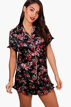 Boohoo Eleanor Printed Ruffle Sleeve & Short Set