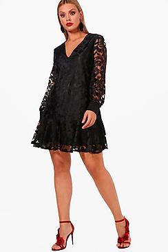 Boohoo Plus Jenna Tapestry Drop Hem Skater Dress
