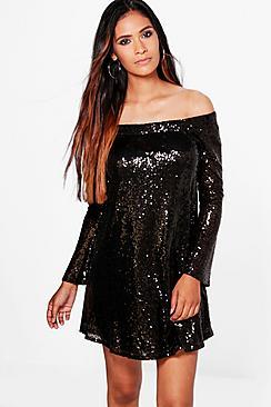 Boohoo Boutique Li Sequin Off Shoulder Shift Dress