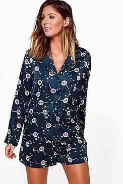 Boohoo Leah Satin Dandelion Long Sleeve And Shorts Pj Set