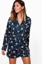Boohoo Leah Satin Dandelion Long Sleeve And Shorts Pj Set