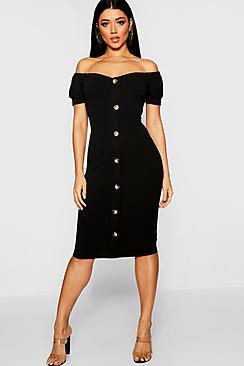 Boohoo Button Off The Shoulder Midi Dress