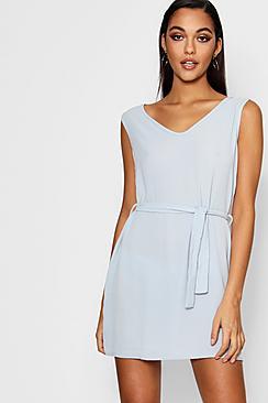 Boohoo Tie Waist Woven Shift Dress