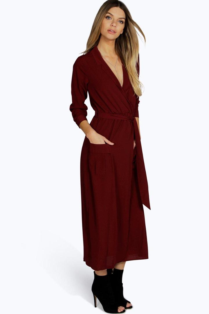 Boohoo Lorraine Long Sleeve Pocket Front Shirt Dress Berry