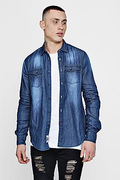 Boohoo Long Sleeve Denim Shirt In Mid Wash