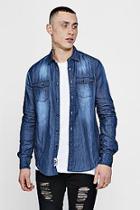 Boohoo Long Sleeve Denim Shirt In Mid Wash
