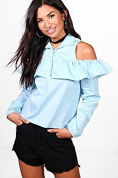 Boohoo Tia Cold Shoulder Ruffle Shirt