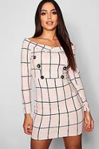 Boohoo Off The Shoulder Tonal Check Button Dress