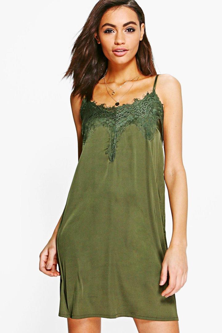 Boohoo Lara Lace Insert Cami Khaki