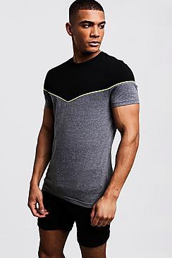 Boohoo Muscle Fit Colour Block Tee With Neon Piping