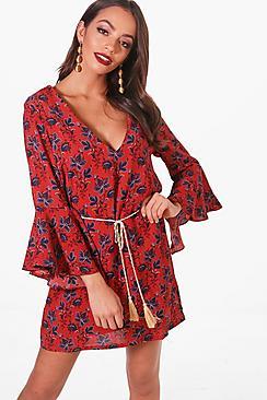 Boohoo Stella Fluted Sleeve Tassel Belt Shift Dress