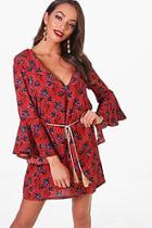 Boohoo Stella Fluted Sleeve Tassel Belt Shift Dress