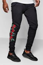 Boohoo Skinny Fit Rose Embroidered Joggers Black
