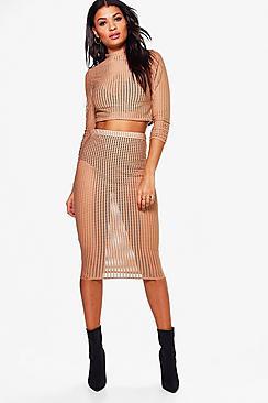 Boohoo Katie Cut Out Mesh Crop & Midi Skirt