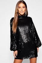 Boohoo Petite Stripe Sequin Blouson Sleeve Shift Dress