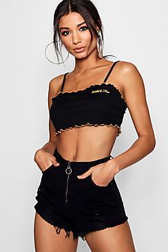 Boohoo Eleanor Contrast Lettuce Hem Slogan Crop