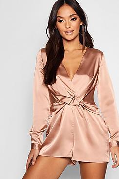 Boohoo Petite Satin Twist Front Playsuit