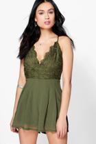 Boohoo Lila Crochet Strappy Cami Playsuit Khaki