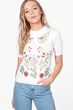 Boohoo Zoe Short Sleeve Embroidery Knitted Top