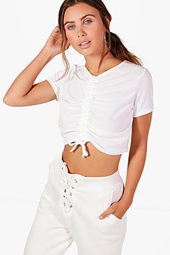 Boohoo Petite Danni Ruched Drawstring Cropped T-shirt