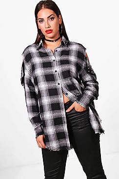 Boohoo Plus Macie Check Studded Cold Shoulder Long Shirt