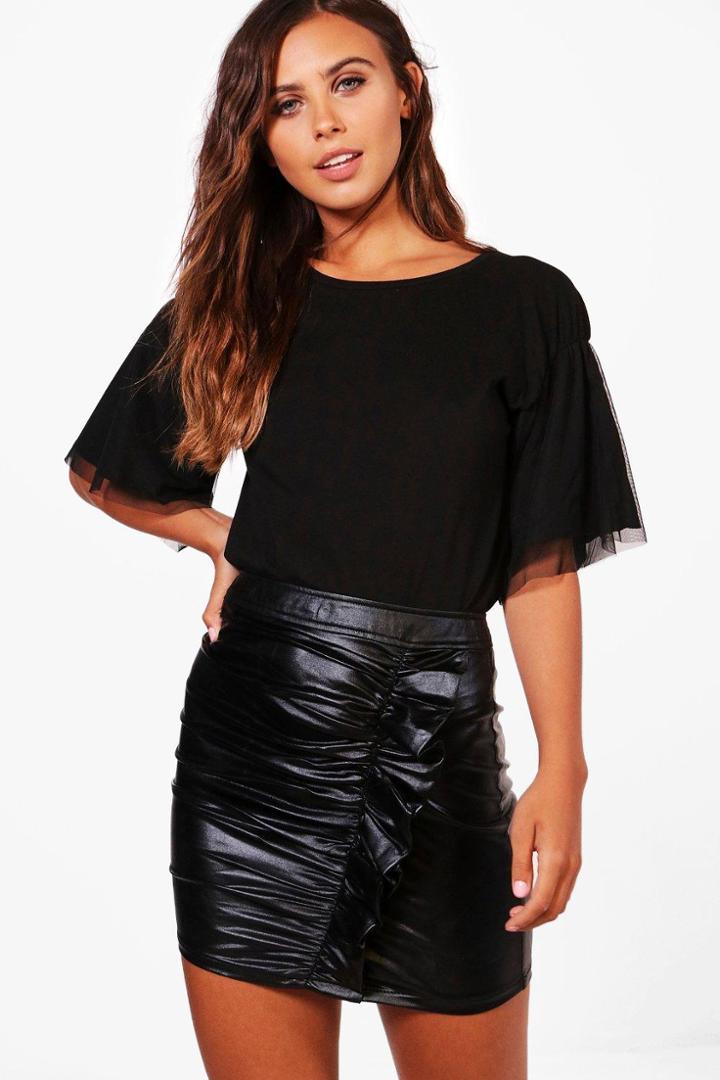 Boohoo Petite Lara Gathered Mesh Sleeve Tee Black
