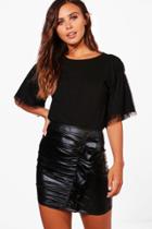 Boohoo Petite Lara Gathered Mesh Sleeve Tee Black