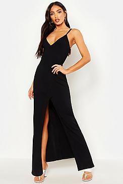 Boohoo Rib Plunge Contrast Panel Split Front Maxi Dress