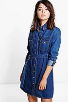 Boohoo Amy Belted Button Front Denim Dress