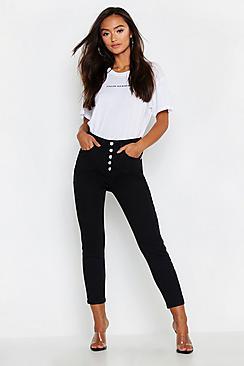 Boohoo Petite High Rise Button Detail Skinny Jean