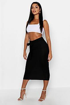 Boohoo Knitted Rib Tie Waist Midaxi Skirt