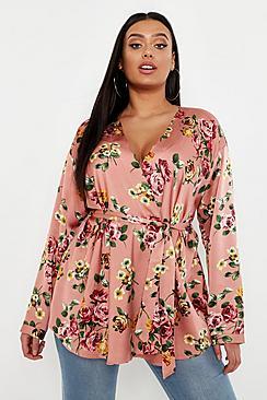Boohoo Plus Floral Print Satin Wrap Top