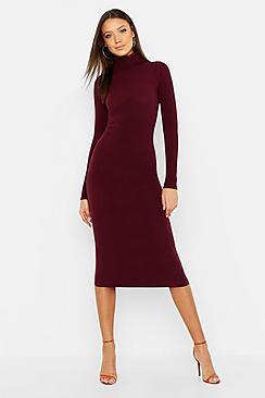 Boohoo Tall Roll Neck Rib Knit Midi Dress