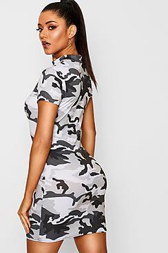 Boohoo High Neck Cap Sleeve Camo Mini Dress