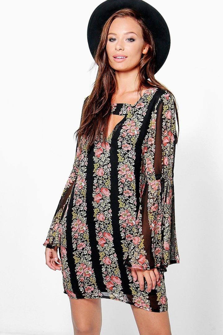 Boohoo Theresa Floral Bell Sleeve Dress Black