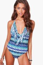 Boohoo Venice Aztec Fringed Plunge Bathing Suit Blue