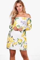 Boohoo Plus Jemma Lemon Print Off The Shoulder Dress Multi