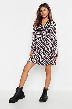 Boohoo Satin Wrap Covered Button Zebra Dress
