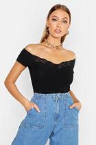 Boohoo Ribbed Lace Trim Off The Shoulder Crop Top