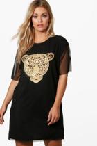 Boohoo Plus Saskia Leopard Sequin Applique Mesh Dress Black
